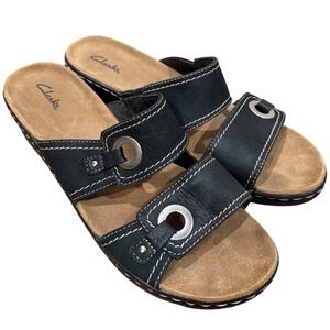 Clarks Lexi Willow Black Leather Slip On Wedge Sandals Women 12 M Comfort Casual